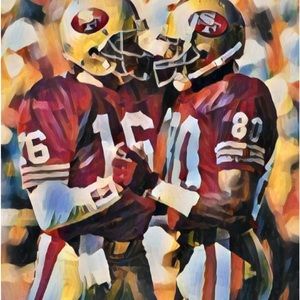 joe  Montana and Jerry Rice  24 x 36 framed canvas
